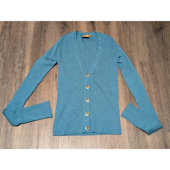 Tory Burch Sweaters - Tory Burch Cardigan Sweater Womens Small‎ Ribbed Knit Teal Gold Buttons READ